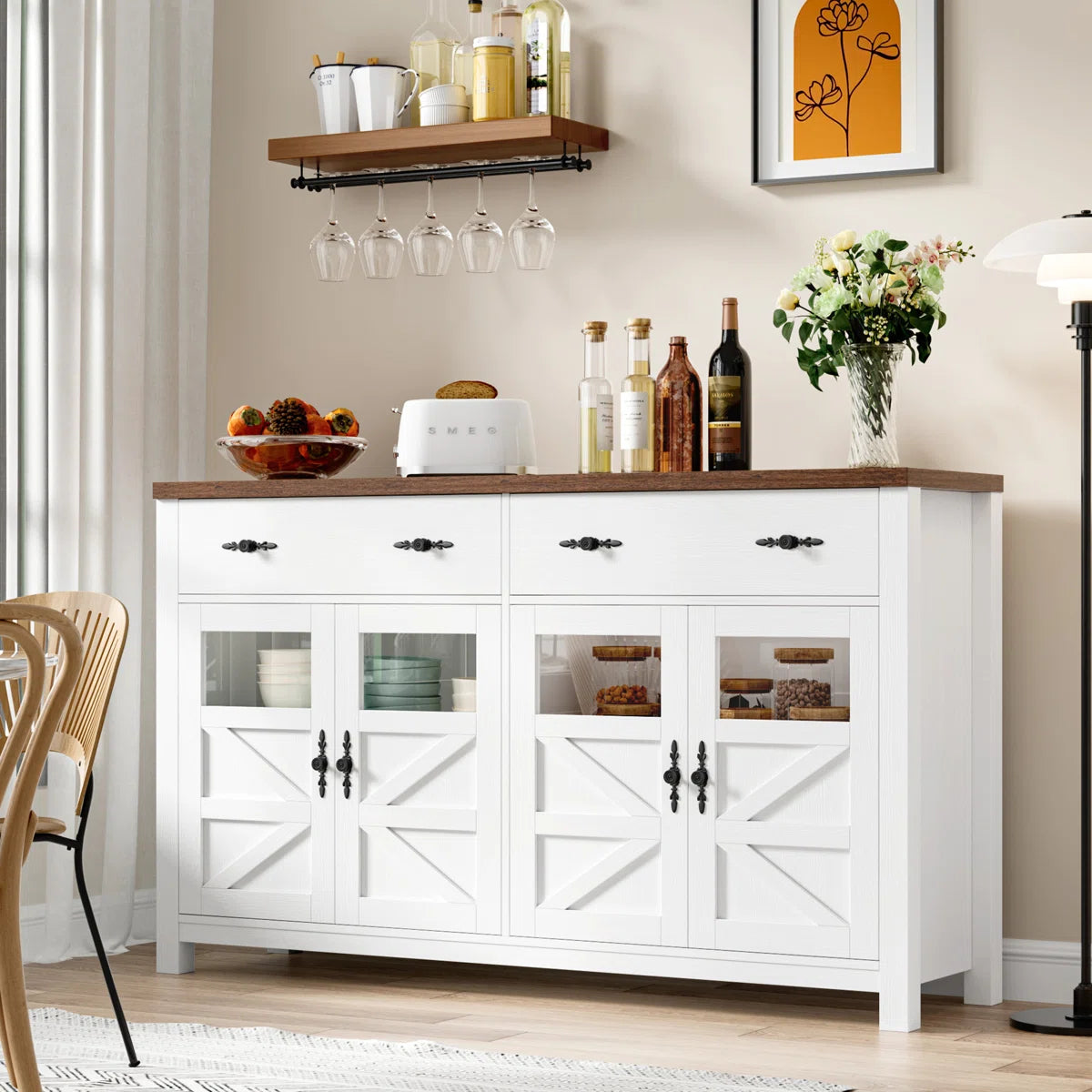 55'' Sideboard with 4 Glass Doors, 2 Large Drawers and Adjustable Shelves