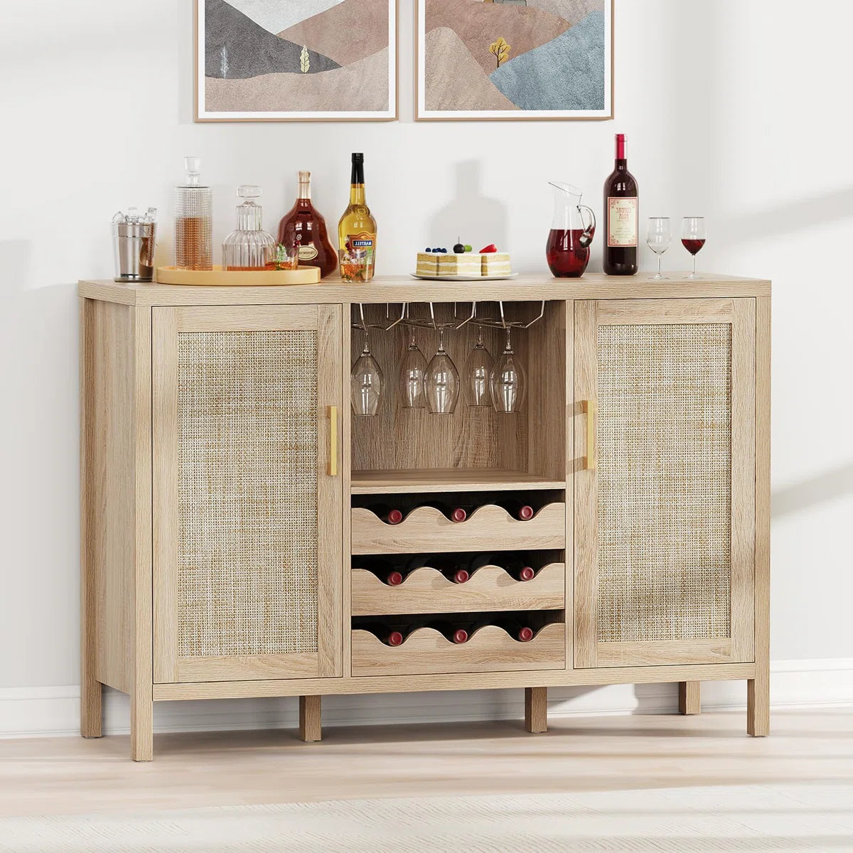 Wine Bar Cabinet with Glass Holder and Drawer Style Wine Racks