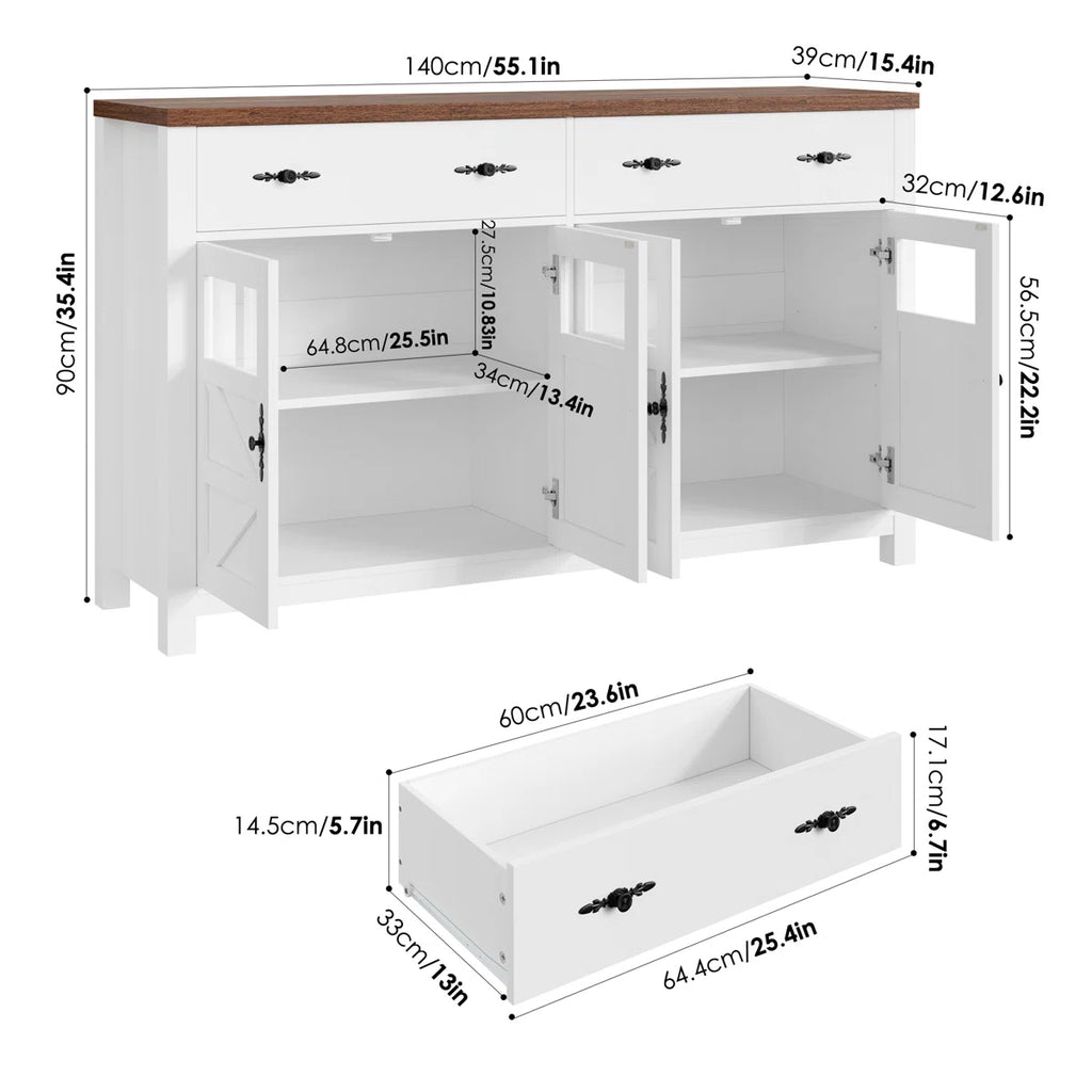 55'' Sideboard with 4 Glass Doors, 2 Large Drawers and Adjustable Shelves