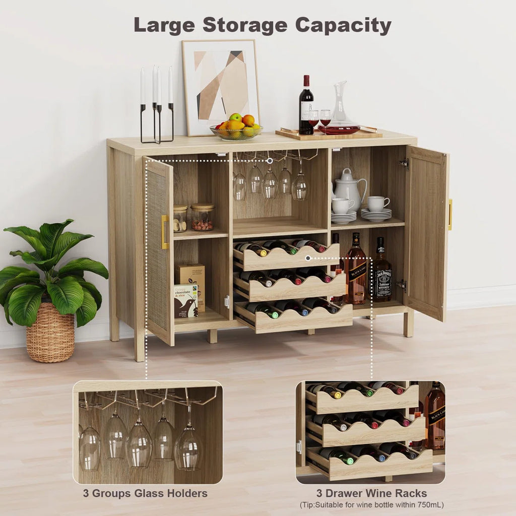 Wine Bar Cabinet with Glass Holder and Drawer Style Wine Racks
