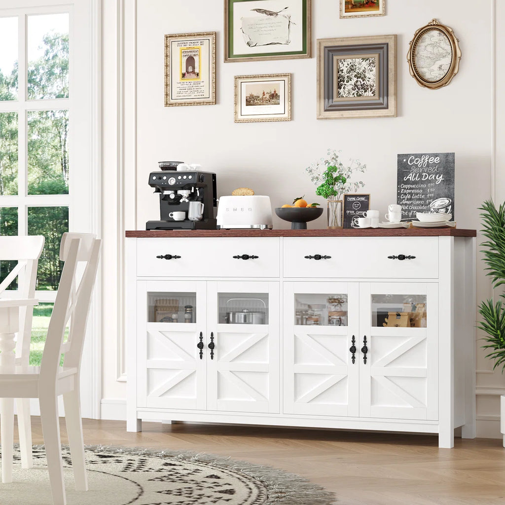 55'' Sideboard with 4 Glass Doors, 2 Large Drawers and Adjustable Shelves