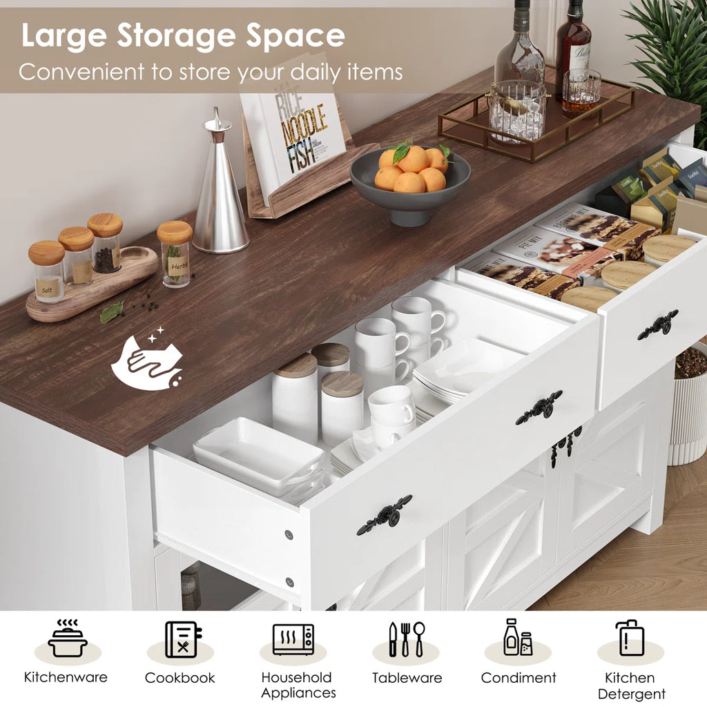 55'' Sideboard with 4 Glass Doors, 2 Large Drawers and Adjustable Shelves