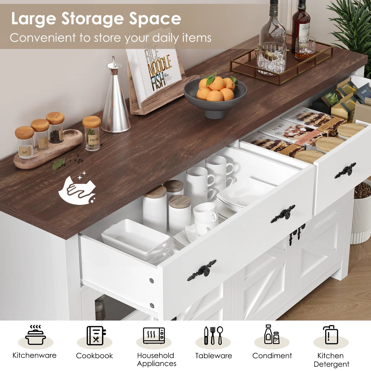 55'' Sideboard with 4 Glass Doors, 2 Large Drawers and Adjustable Shelves