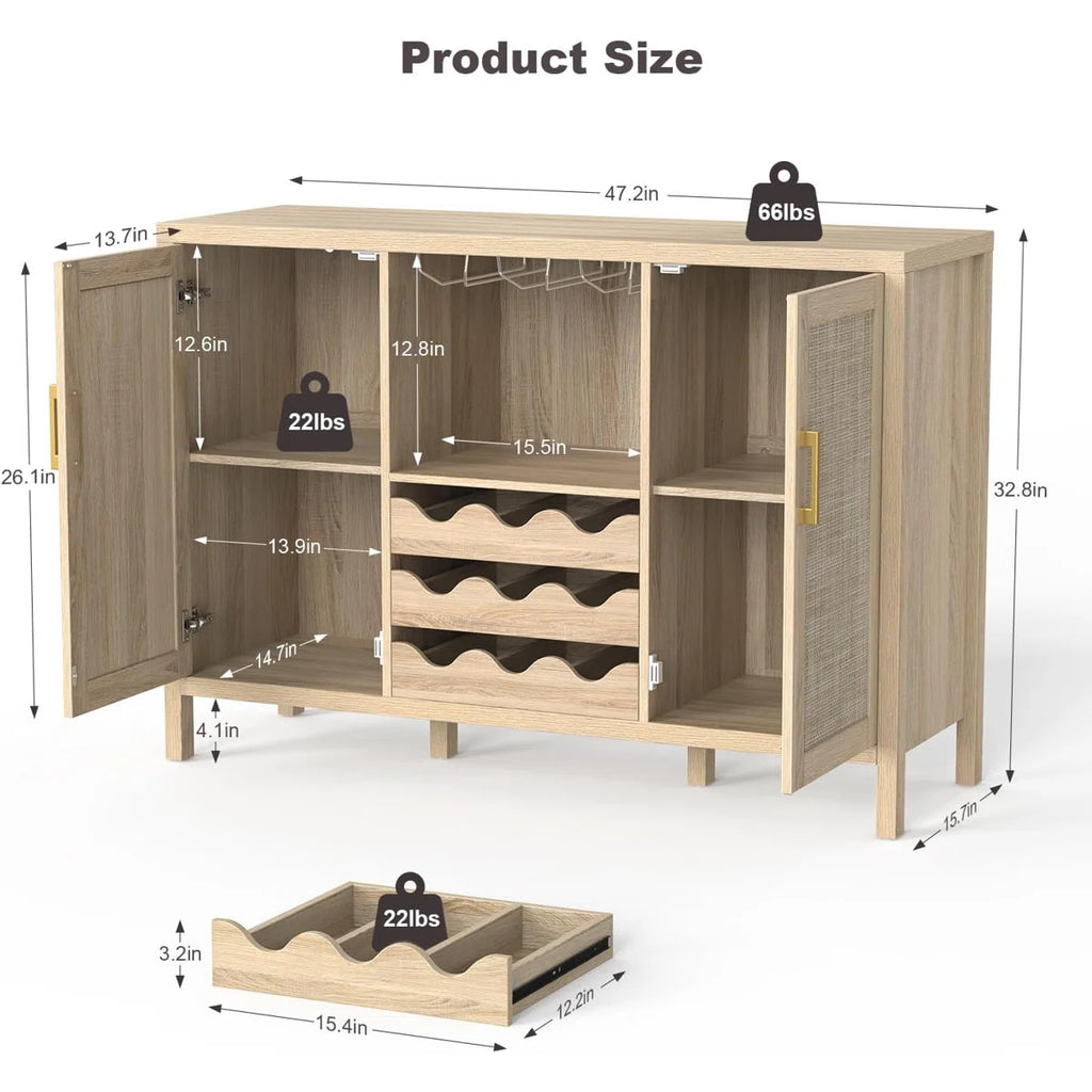 Wine Bar Cabinet with Glass Holder and Drawer Style Wine Racks