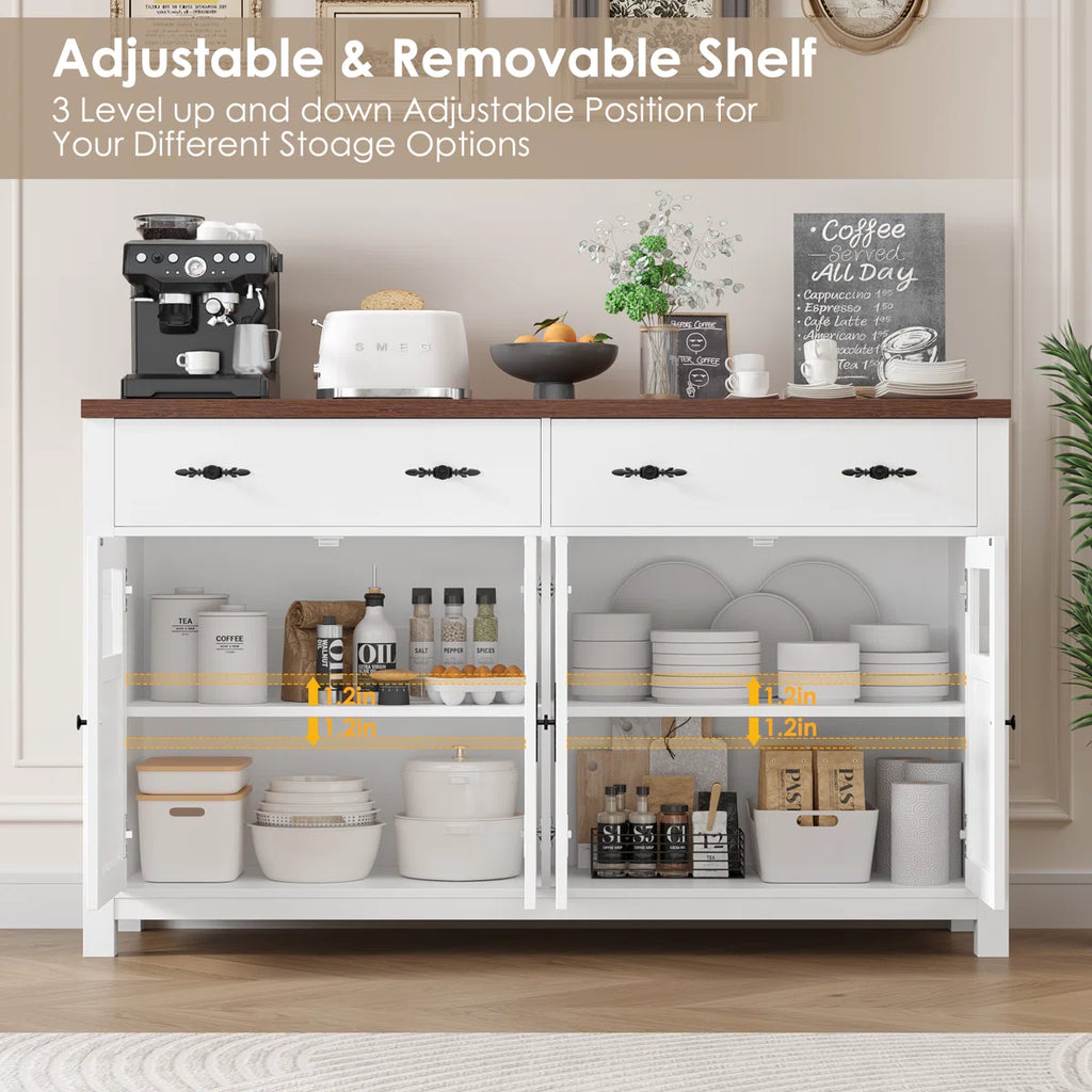 55'' Sideboard with 4 Glass Doors, 2 Large Drawers and Adjustable Shelves